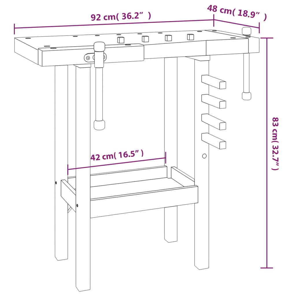 Banc de lucru cu menghine, 92x48x83 cm, lemn masiv de acacia