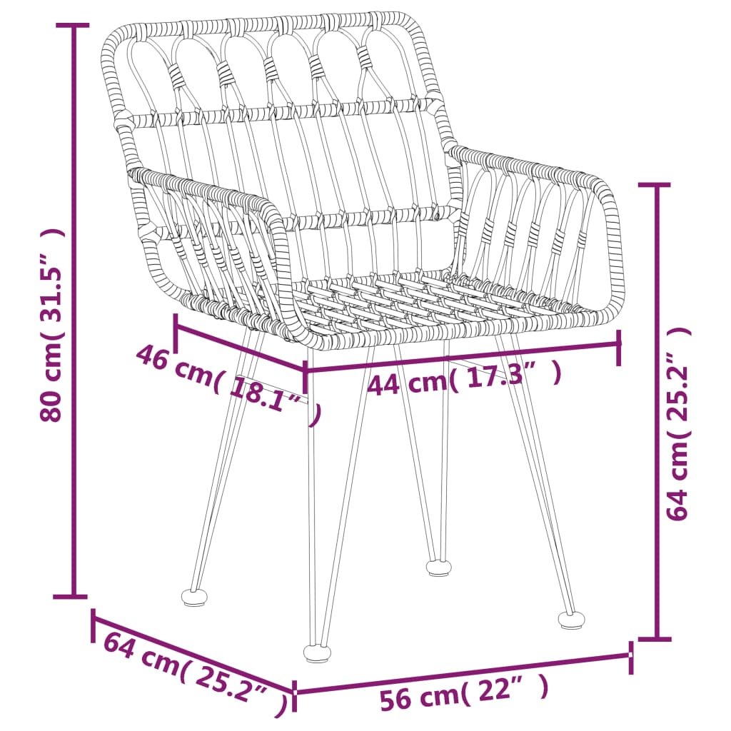 Scaune de grădină cu cotiere 2 buc. negru 56x64x80 cm ratan PE