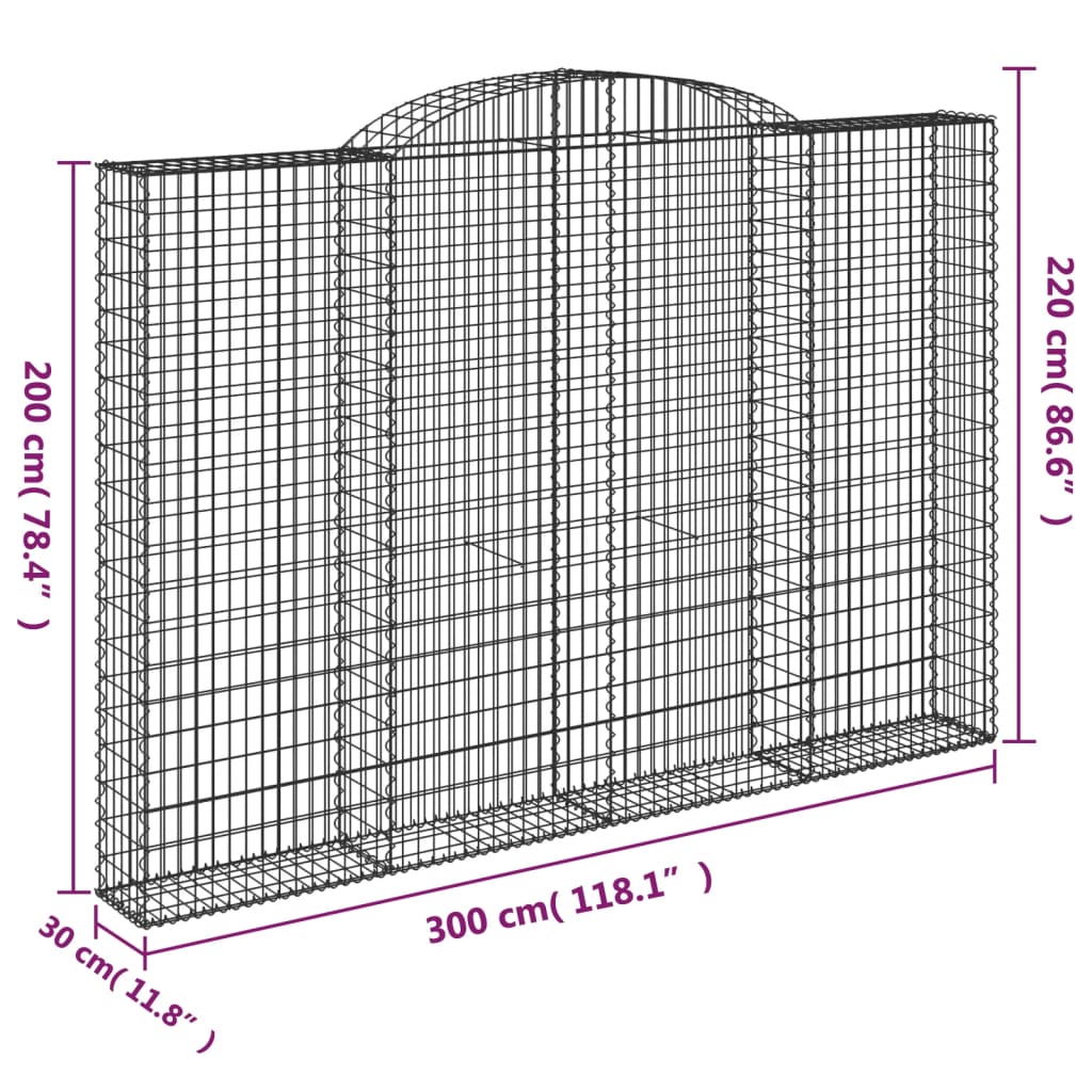 Coșuri gabion arcuite, 2 buc. 300x30x200/220 cm fier galvanizat