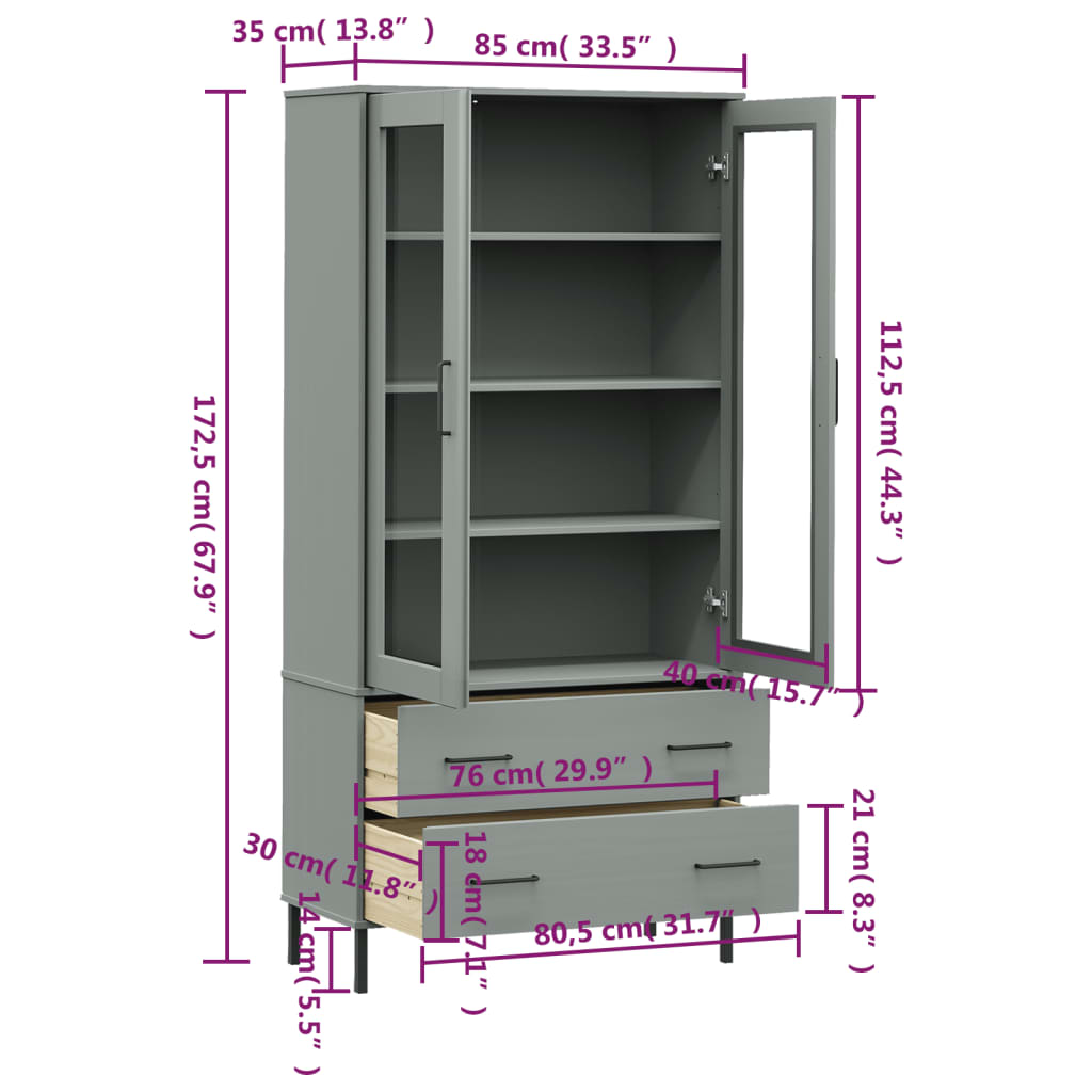 Bibliotecă cu picioare metalice OSLO, gri, 85x35x172,5 cm lemn