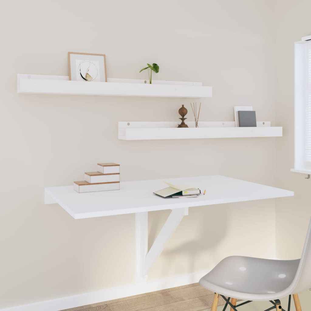 Rafturi de perete, 2 buc., alb, 110x12x9 cm, lemn masiv de pin