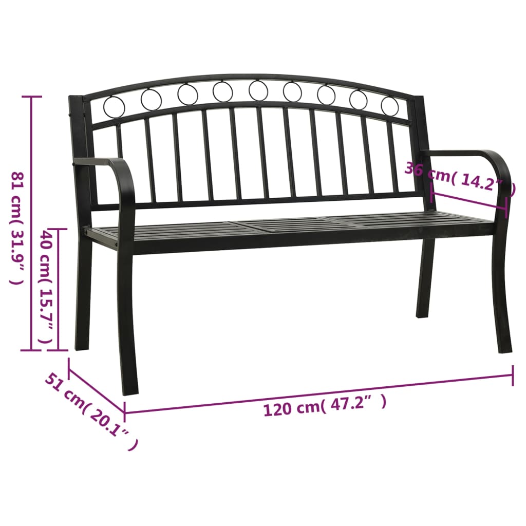 Bancă de grădină cu masă, negru, 120 cm, oțel