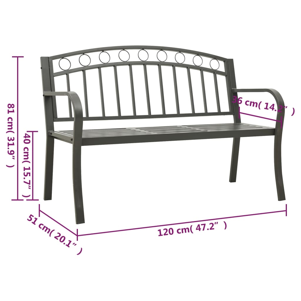 Bancă de grădină cu masă, gri, 120 cm, oțel