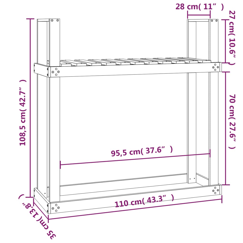 Rastel pentru lemne de foc, gri, 110x35x108,5 cm lemn masiv pin