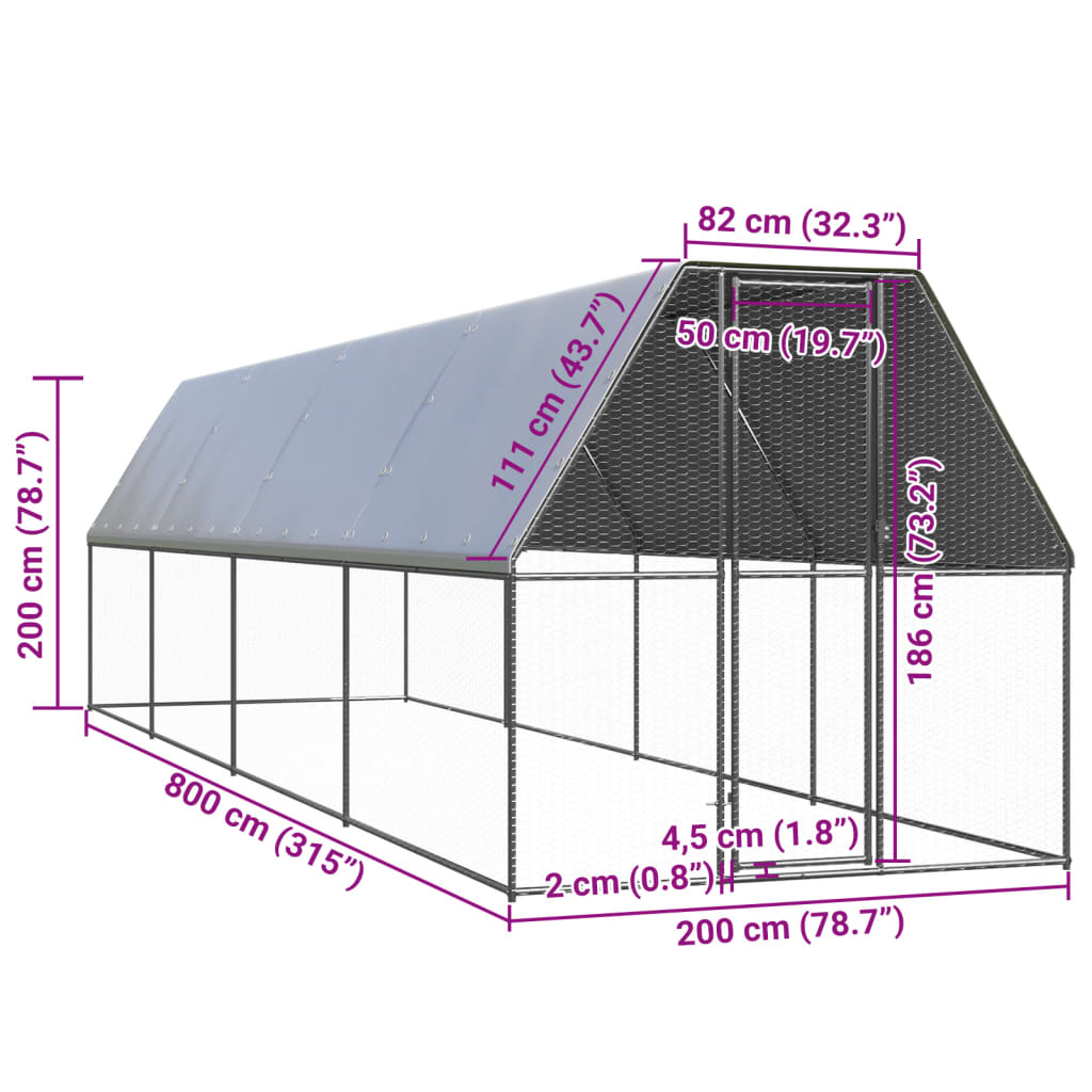 Coteț de păsări pentru exterior, 2x8x2 m, oțel galvanizat