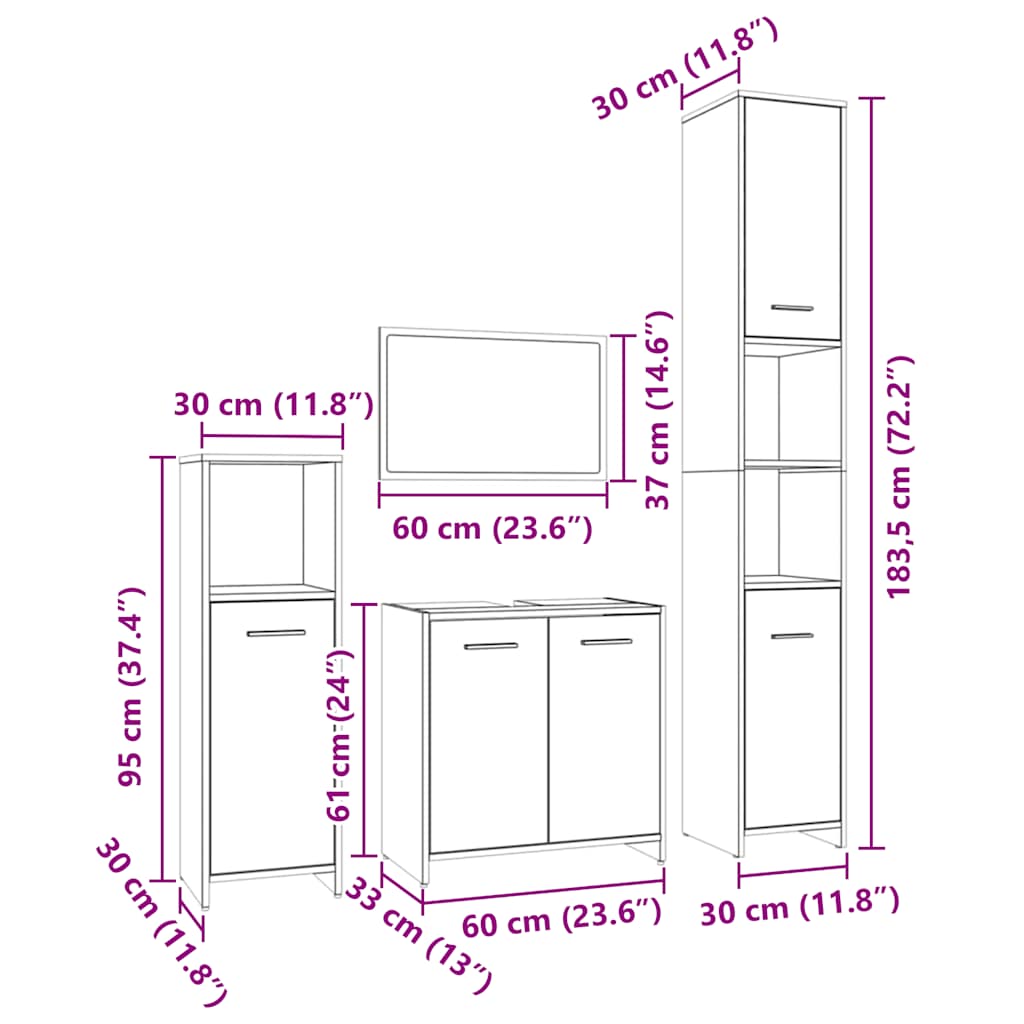 Set mobilier de baie, 4 piese, gri sonoma, lemn prelucrat