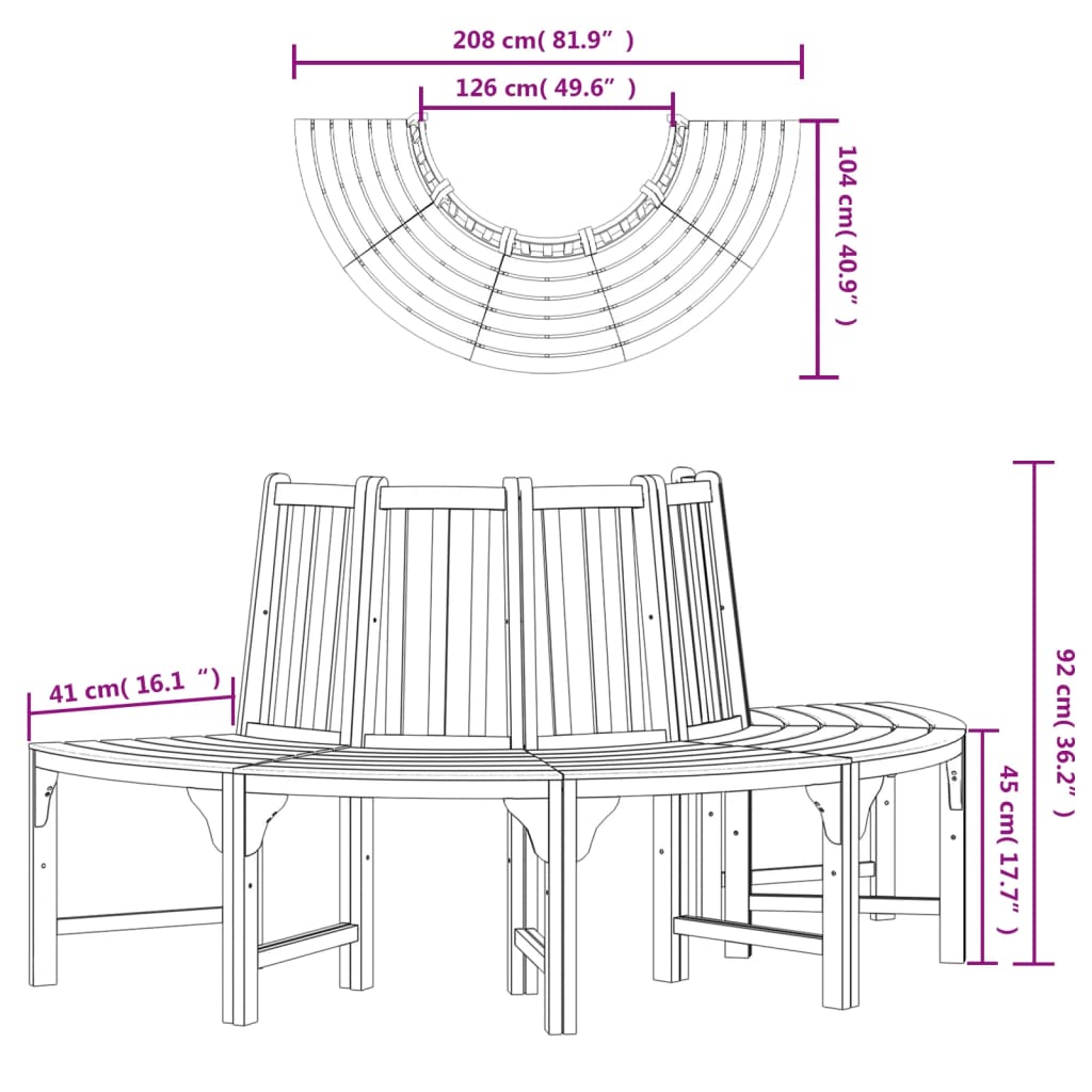 Bancă de copac semi-rotundă, Ø208 cm, lemn masiv de eucalipt