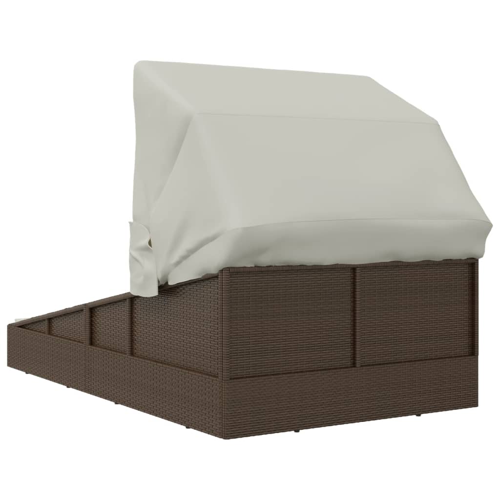 Șezlong cu acoperiș pliabil, maro, 200x114x128 cm, poliratan