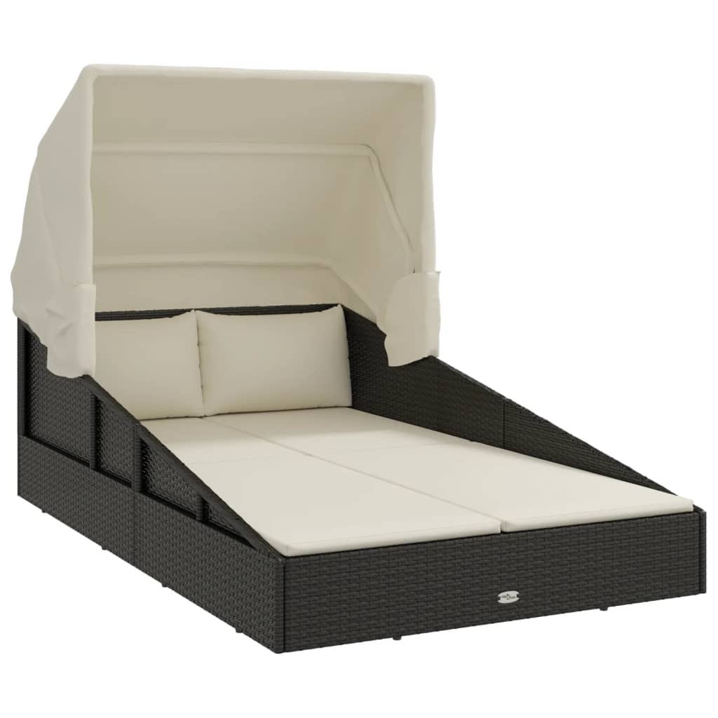 Șezlong cu acoperiș pliabil, negru, 200x114x128 cm, poliratan