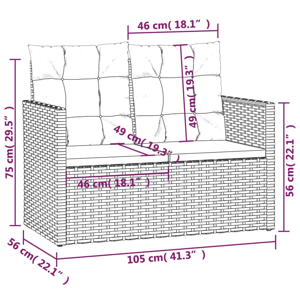 Bancă de grădină cu perne, negru, 105 cm, poliratan