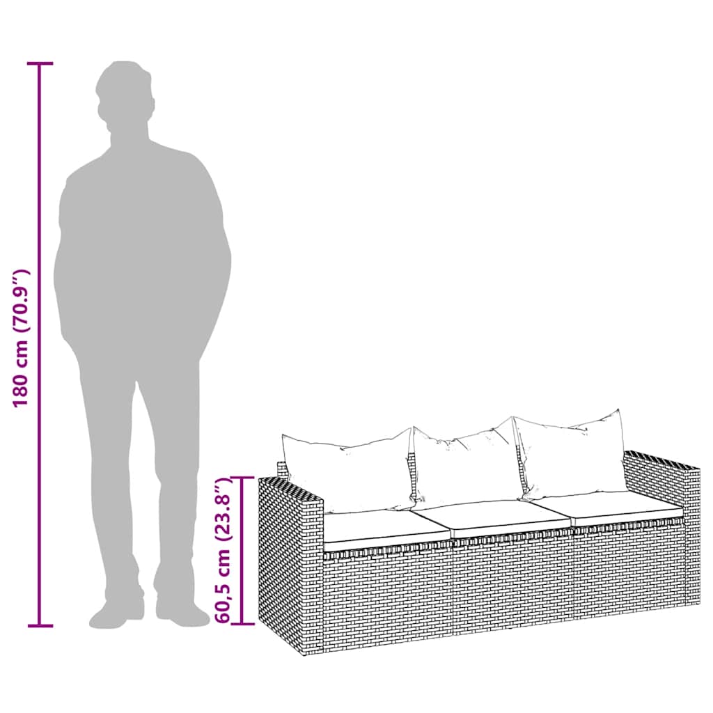 Canapea de grădină cu 3 locuri, cu perne, negru, poliratan