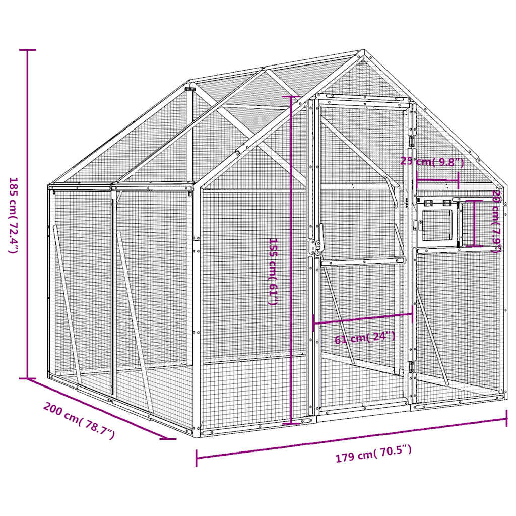 Volieră de păsări, argintiu, 1,79x2x1,85 m, aluminiu