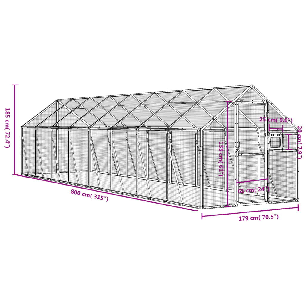 Volieră de păsări, argintiu, 1,79x8x1,85 m, aluminiu