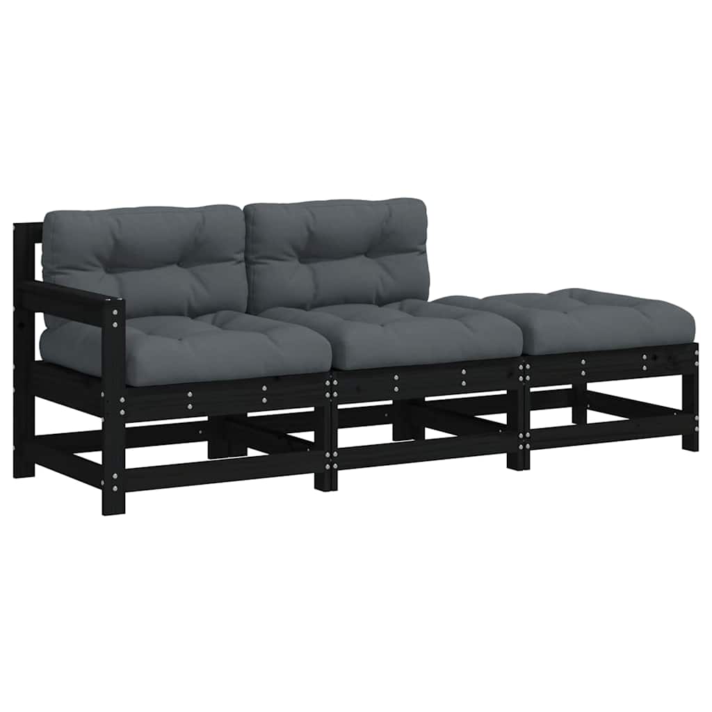 Set mobilier de grădină cu perne, 3 piese, negru, lemn masiv