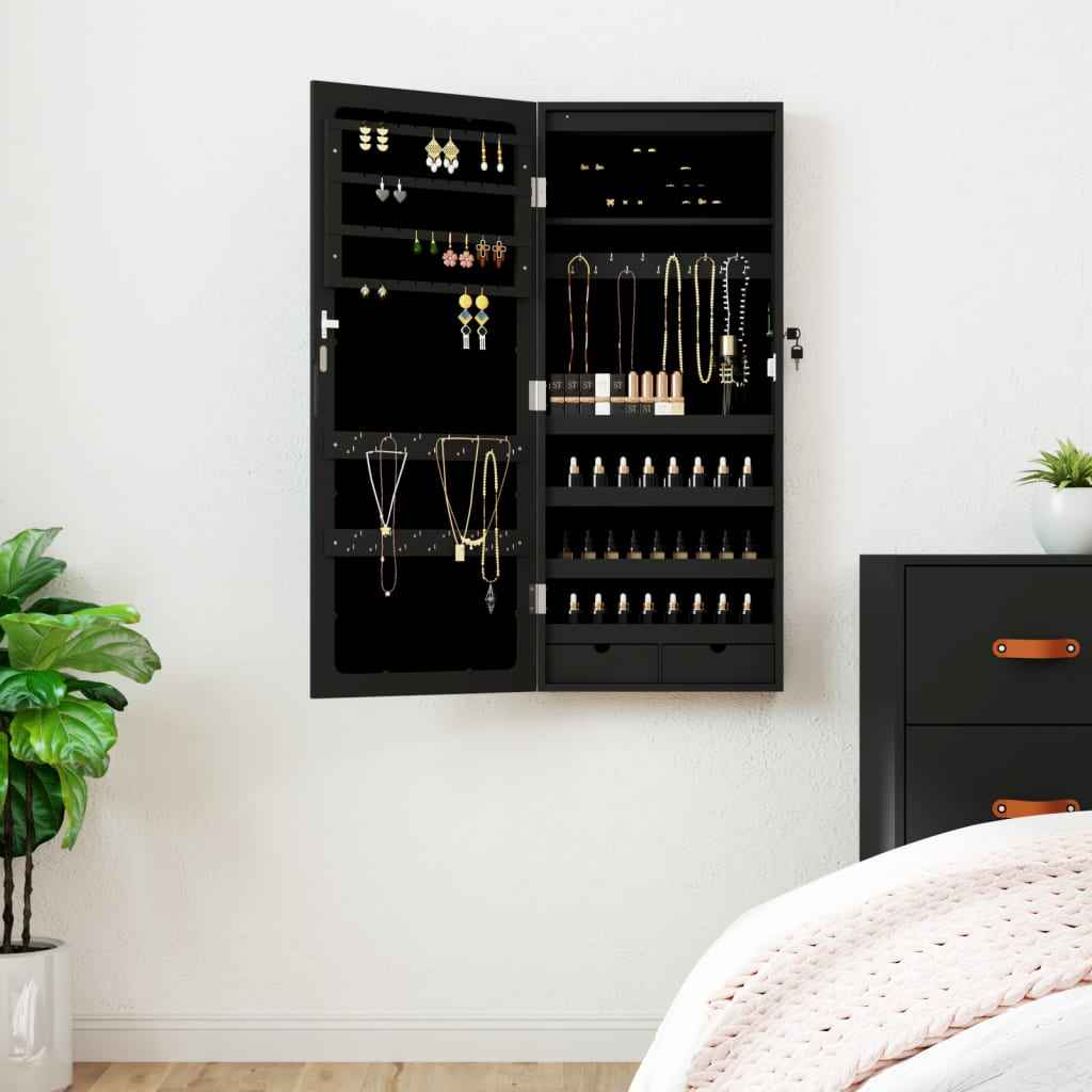 Dulap de bijuterii cu oglindă și lumini LED, de perete, negru