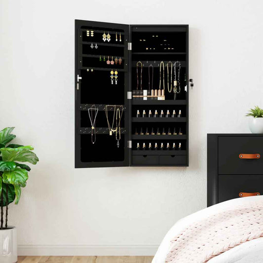 Dulap de bijuterii cu oglindă și lumini LED, de perete, negru