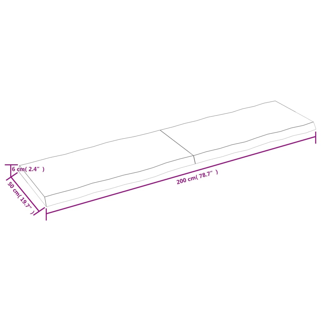 Blat masă, 200x50x(2-6) cm, maro, lemn tratat contur organic