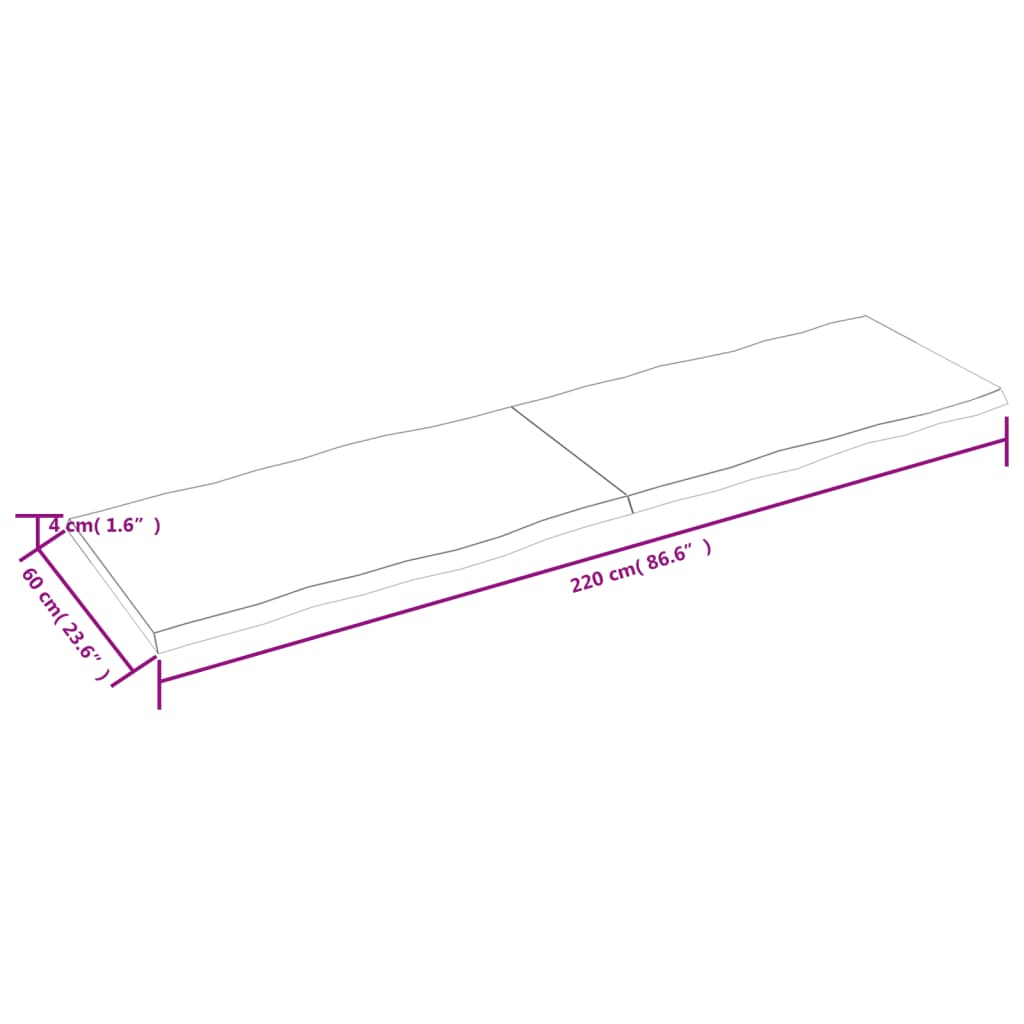 Blat masă, 220x60x(2-4) cm, maro, lemn tratat contur organic