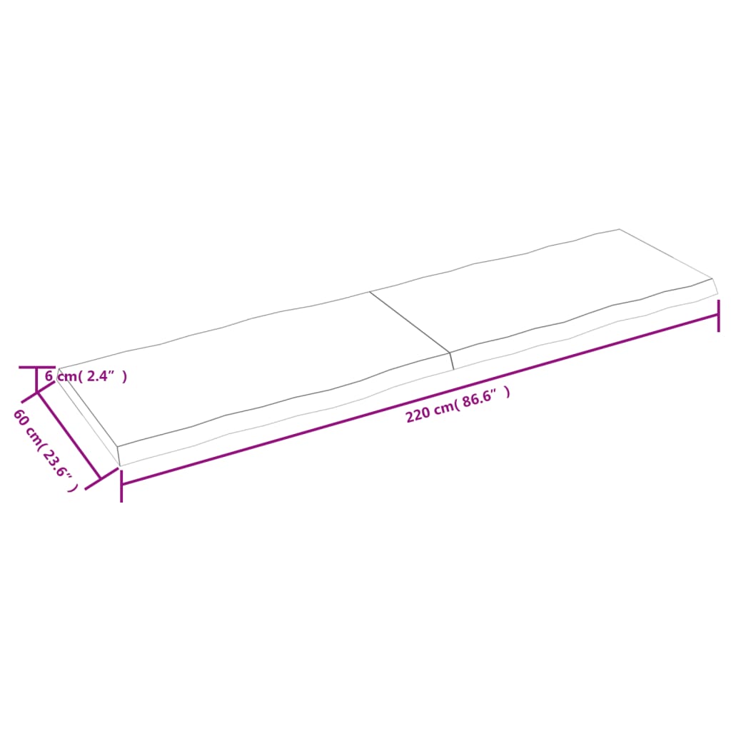 Blat masă, 220x60x(2-6) cm, maro, lemn tratat contur organic