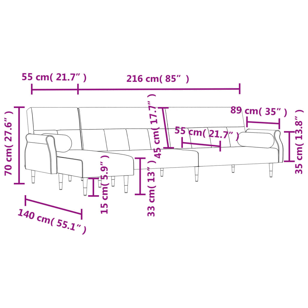 Canapea extensibilă în formă de L galben 271x140x70 cm catifea