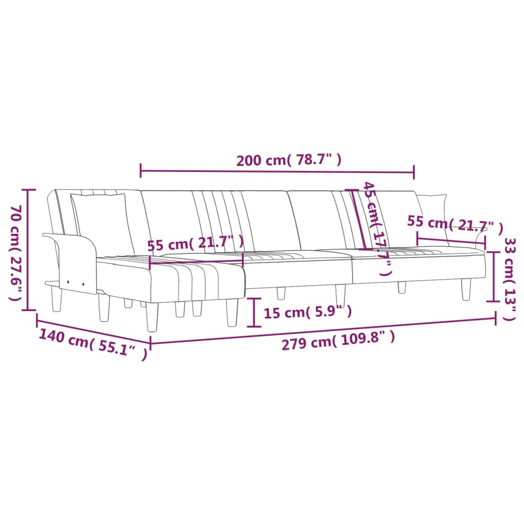 Canapea extensibilă în formă de L gri 279x140x70 cm catifea