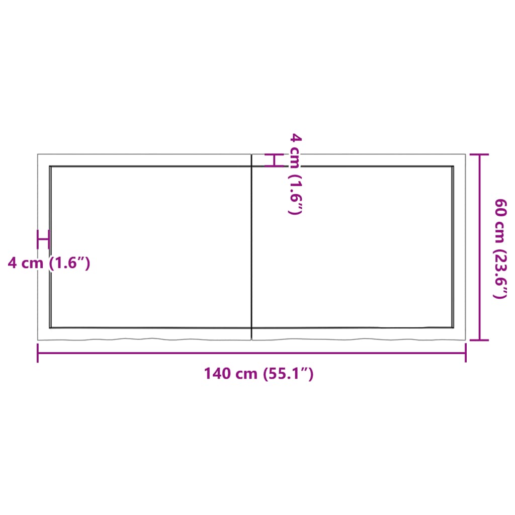 Blat de baie, 140x60x(2-4) cm, lemn masiv netratat