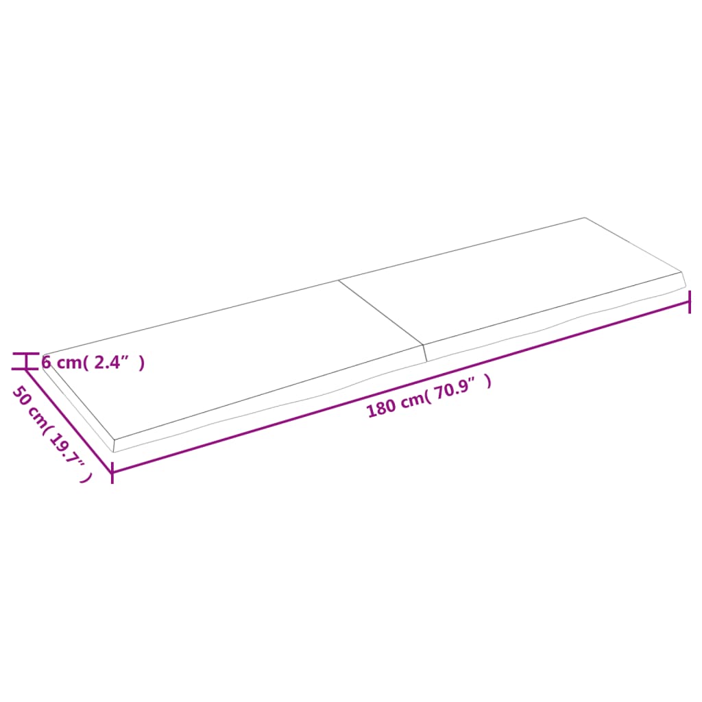 Blat de baie, 180x50x(2-6) cm, lemn masiv netratat