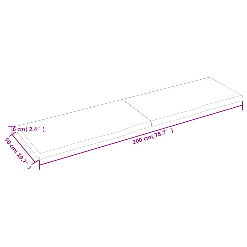 Blat de baie, 200x50x(2-6) cm, lemn masiv netratat