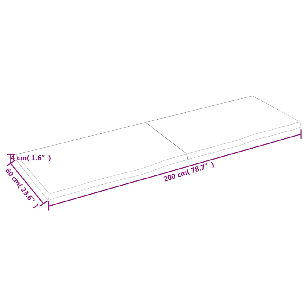 Blat de baie, 200x60x(2-4) cm, lemn masiv netratat