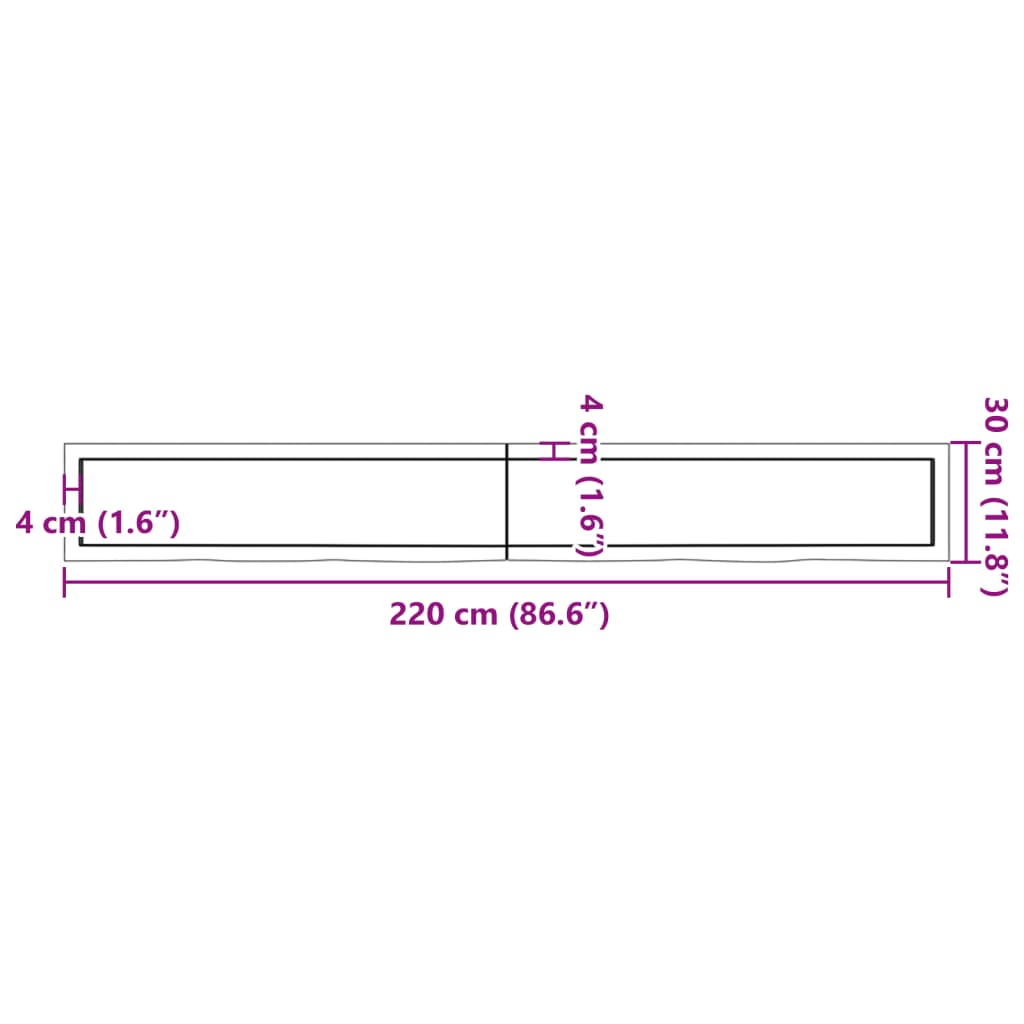 Blat de baie, 220x30x(2-6) cm, lemn masiv netratat