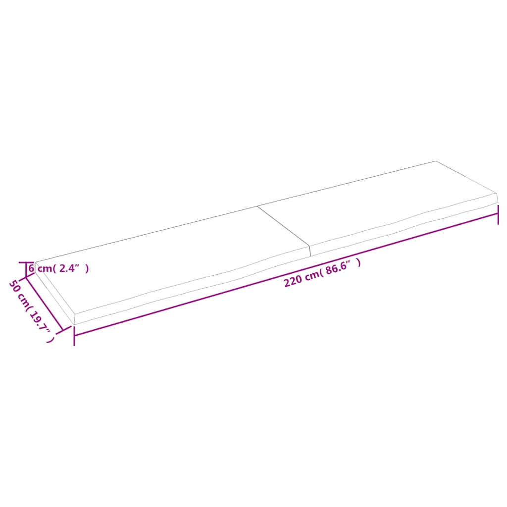 Blat de baie, 220x50x(2-6) cm, lemn masiv netratat