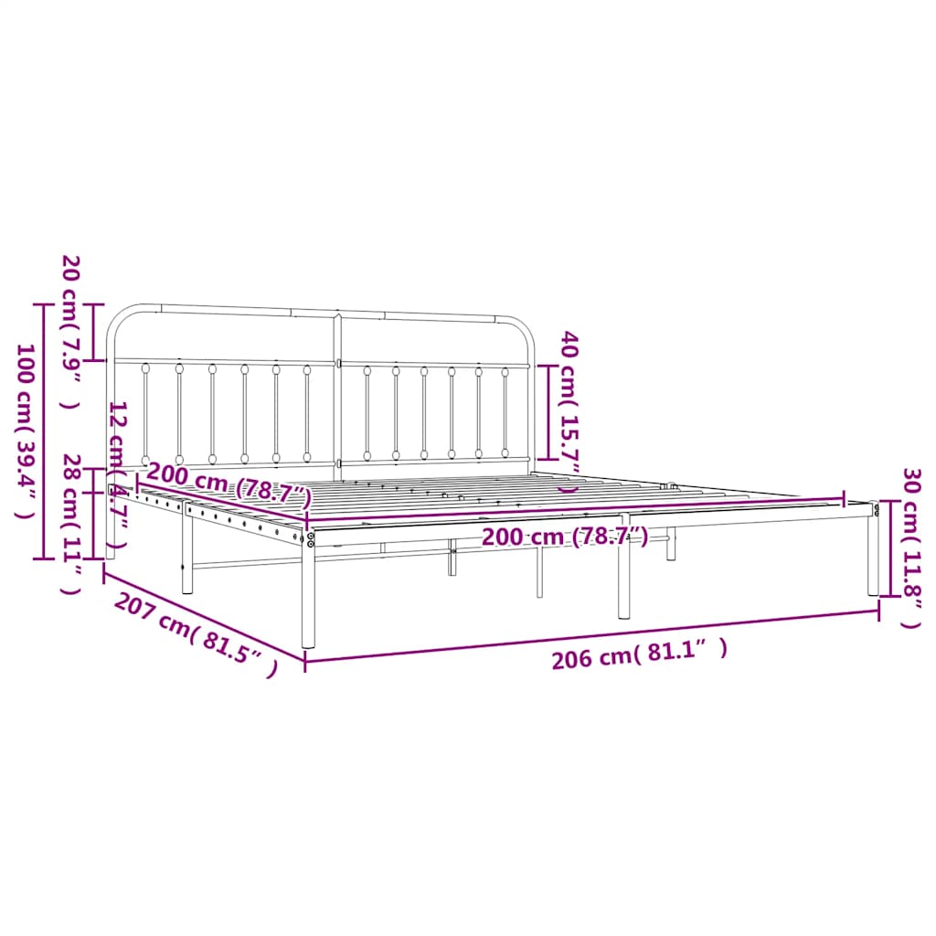 Cadru de pat metalic cu tăblie, negru, 200x200 cm