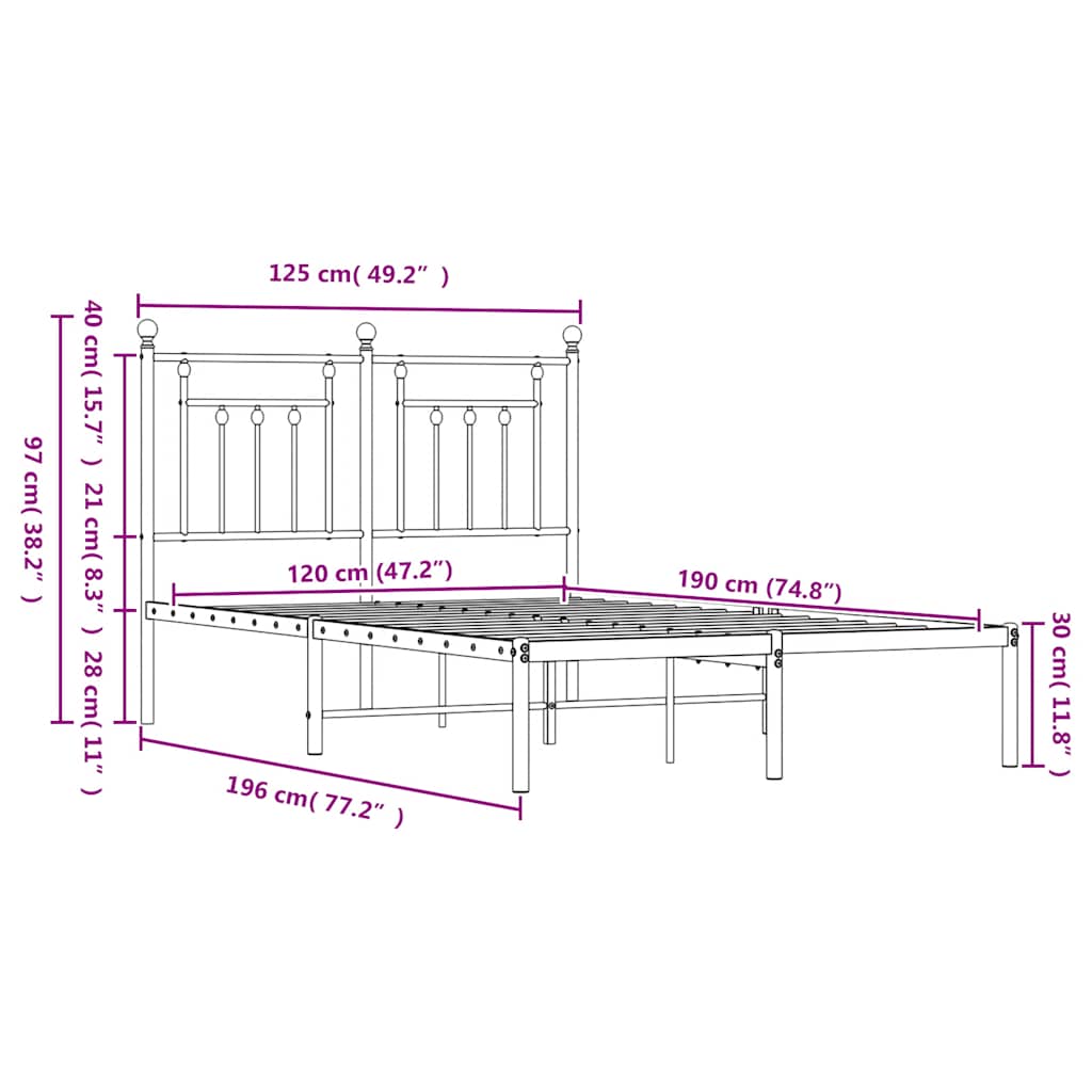 Cadru de pat metalic cu tăblie, alb, 120x190 cm