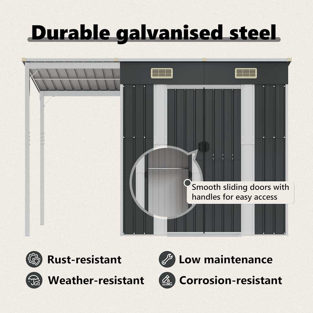 Șopron grădină acoperiș extins, antracit 277x107x181 cm, oțel