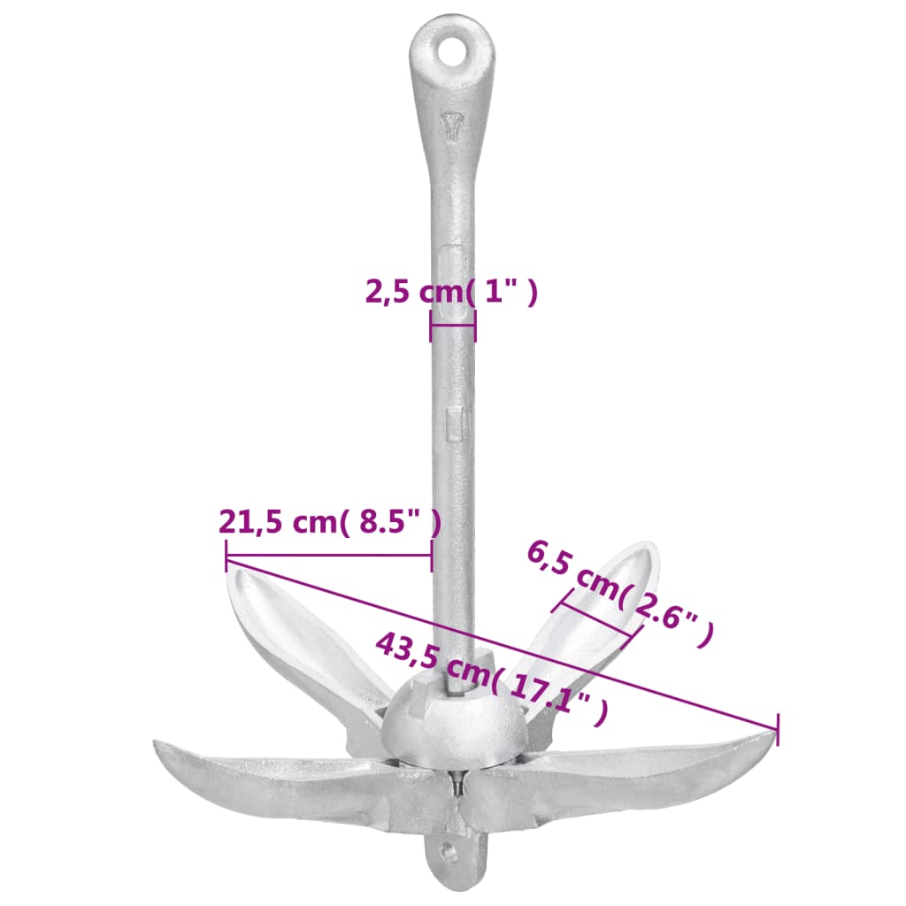 Ancoră pliabilă argintie 6 kg, fontă galvanizată la cald