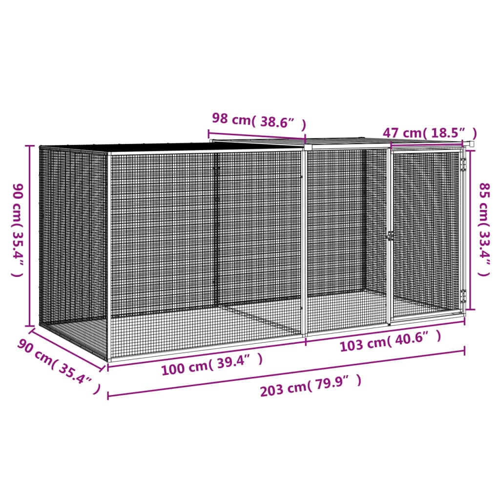 Coteț pui cu acoperiș gri deschis 203x98x90 cm oțel galvanizat