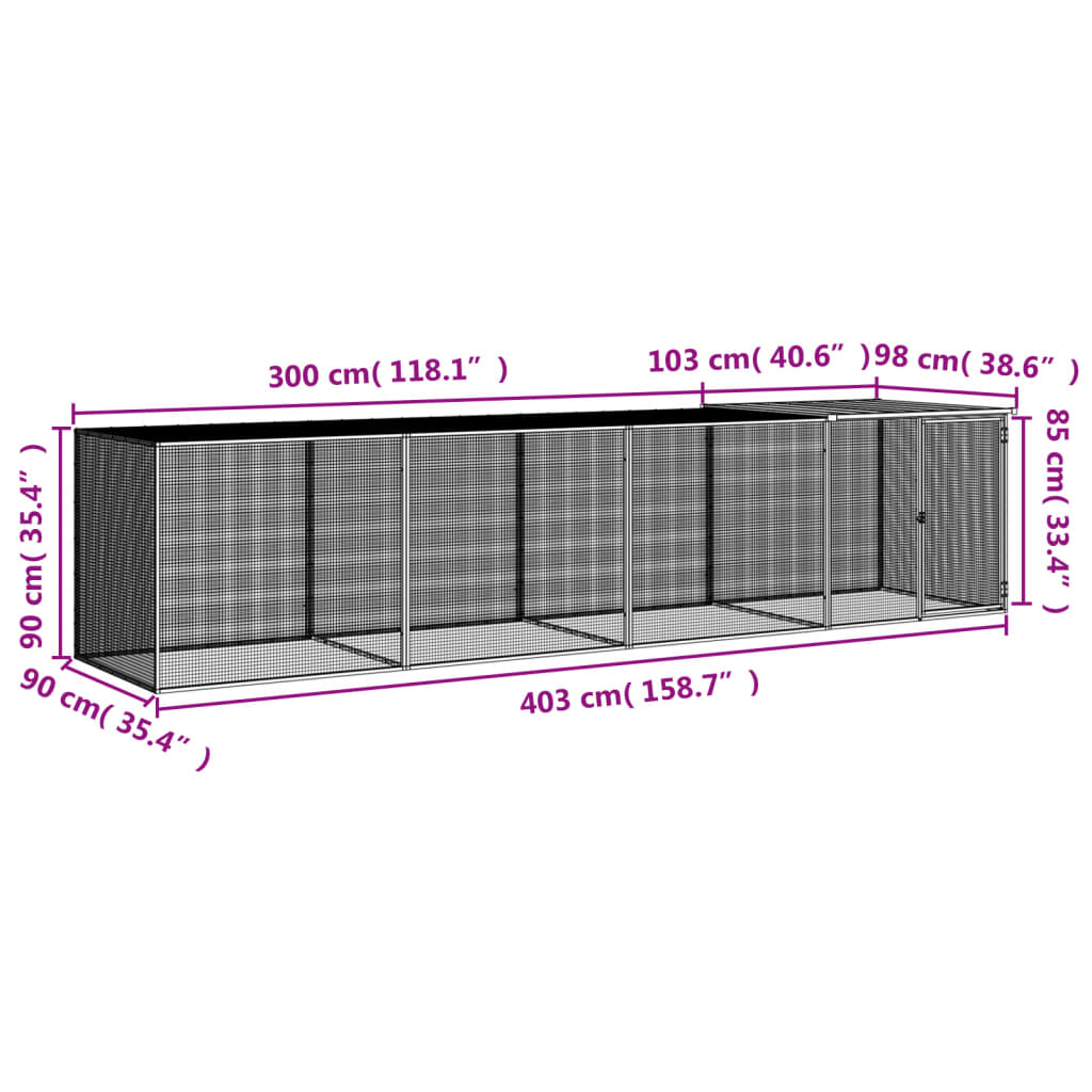 Coteț pui cu acoperiș gri deschis 403x98x90 cm oțel galvanizat