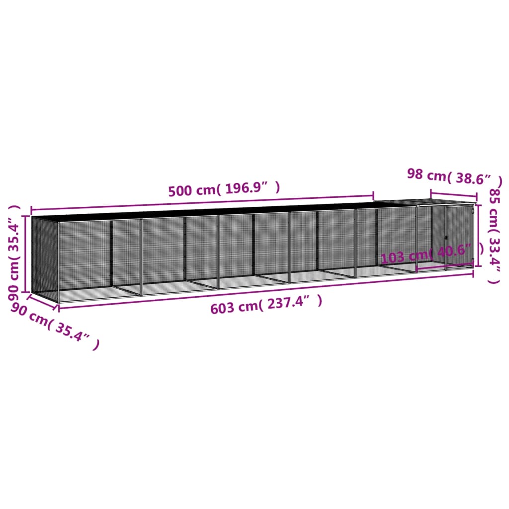 Coteț pui cu acoperiș gri deschis 603x98x90 cm oțel galvanizat