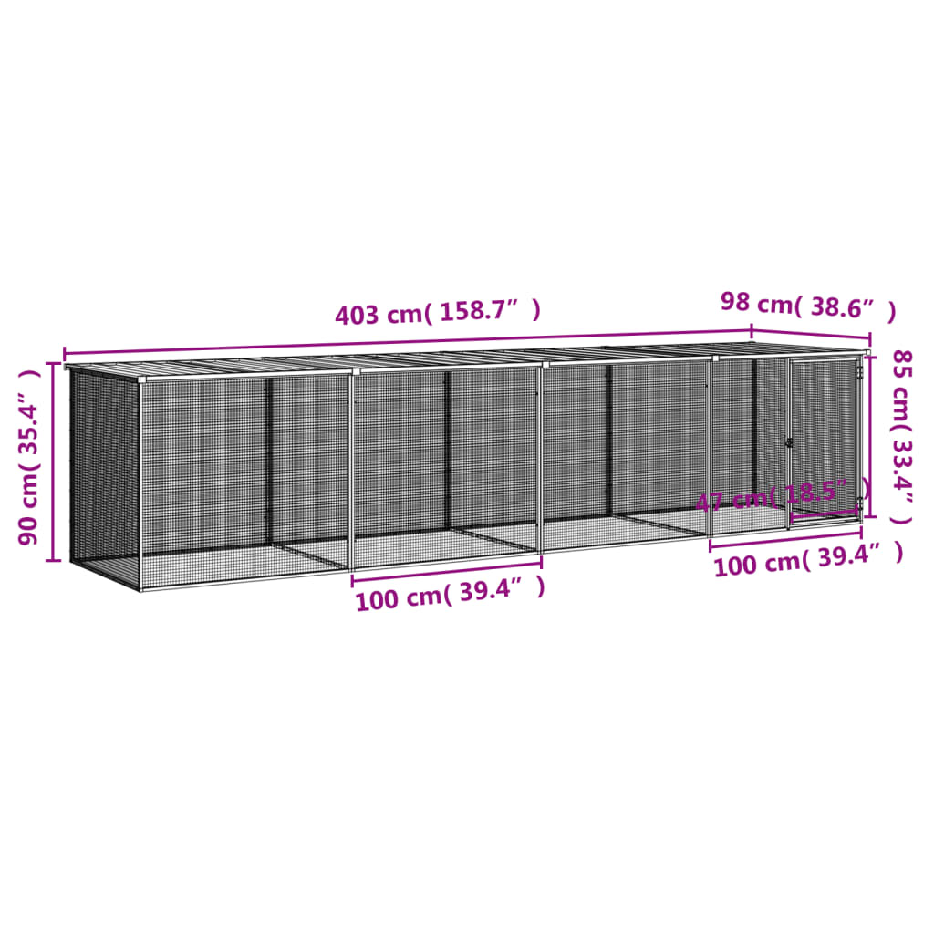 Coteț pui cu acoperiș gri deschis 403x98x90 cm oțel galvanizat