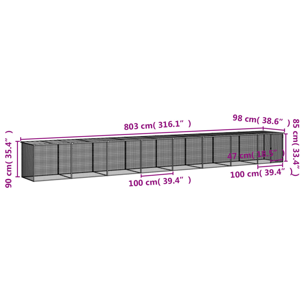 Coteț pui cu acoperiș gri deschis 803x98x90 cm oțel galvanizat