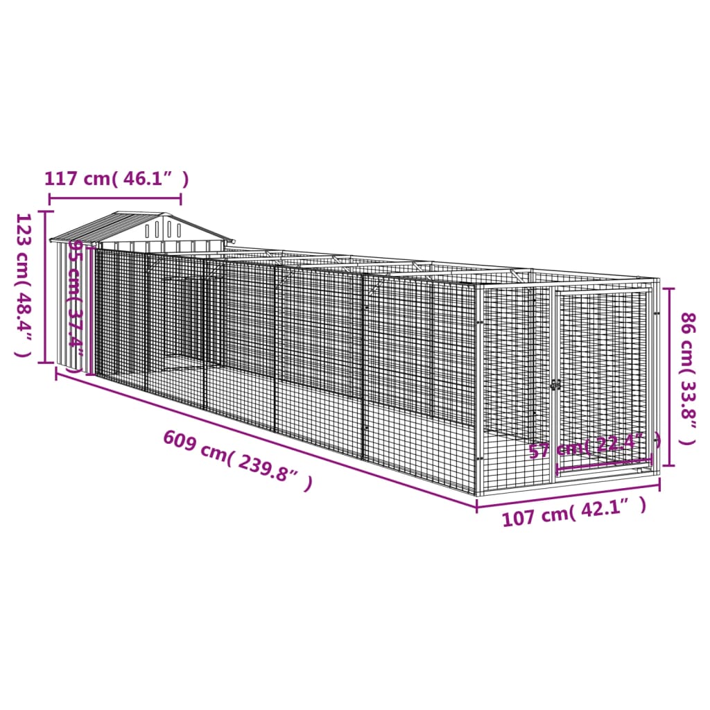 Cușcă câine cu acoperiș antracit 117x609x123 cm oțel galvanizat