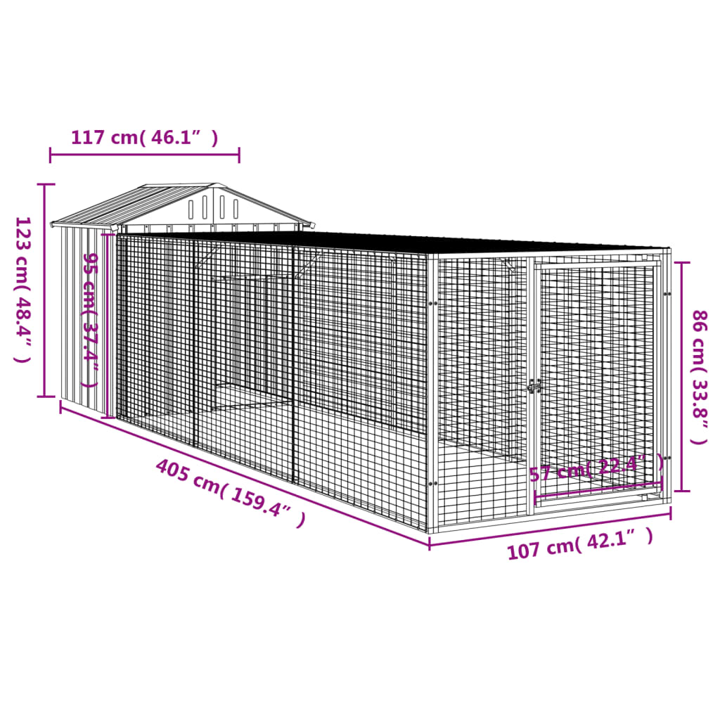 Coteț de pui cu țarc antracit 117x405x123 cm oțel galvanizat