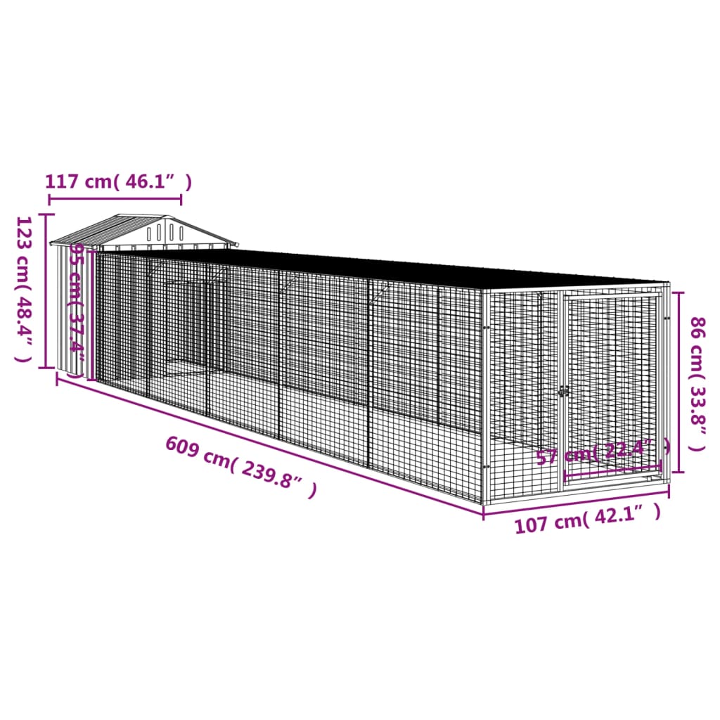 Coteț de pui cu incintă antracit 117x609x123 cm oțel galvanizat