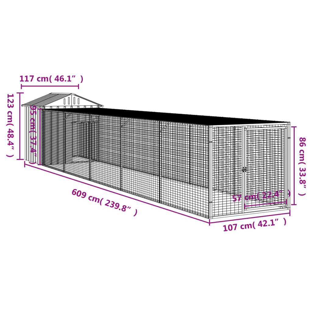 Coteț pui cu incintă gri deschis 117x609x123 cm oțel galvanizat