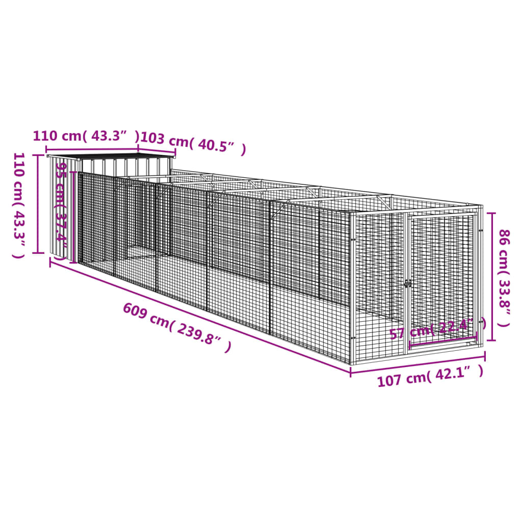 Cușcă câine cu țarc antracit 110x609x110 cm oțel galvanizat