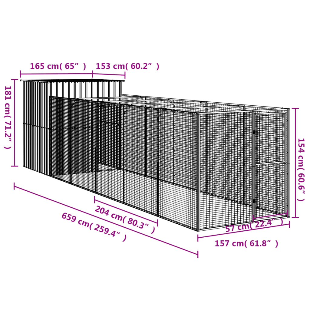 Cușcă câine cu țarc antracit 165x659x181 cm oțel galvanizat