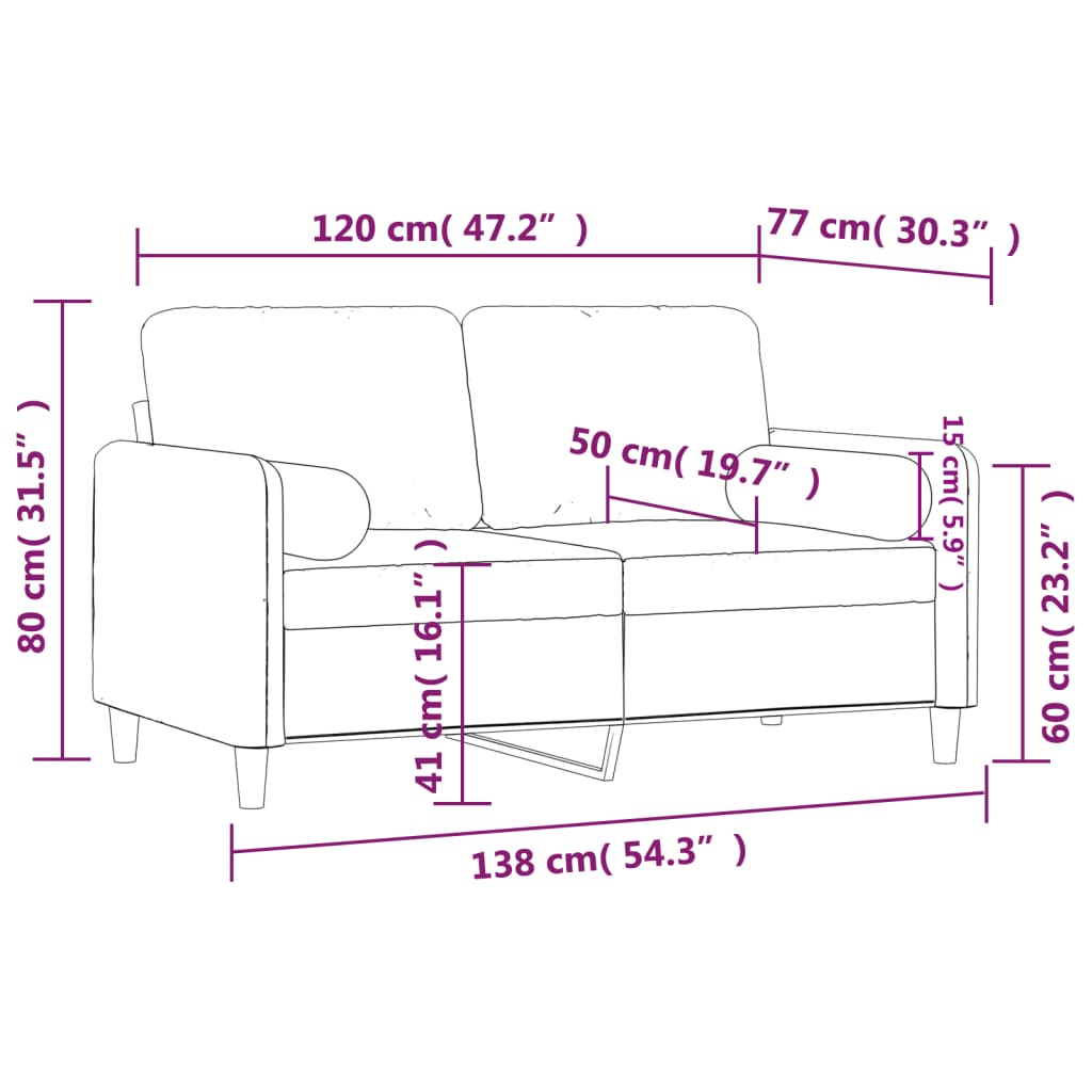 Canapea cu 2 locuri cu pernuțe, roz, 120 cm, catifea