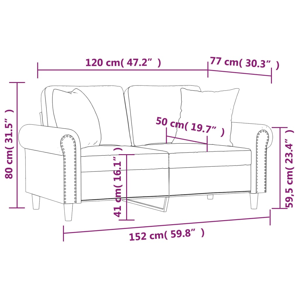 Canapea cu 2 locuri cu pernuțe, roz, 120 cm, catifea