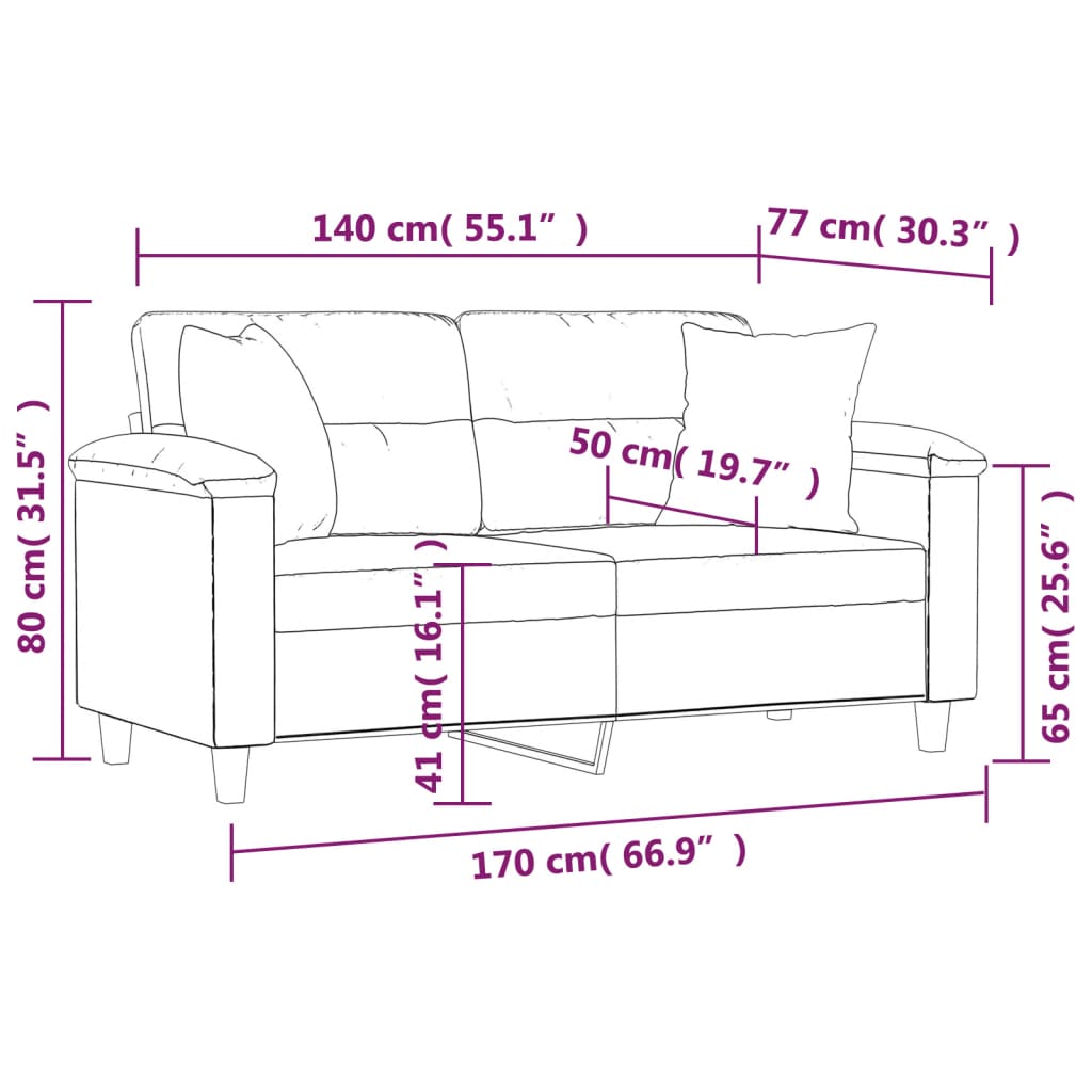 Canapea cu 2 locuri, cu perne, bej, 140 cm, microfibră