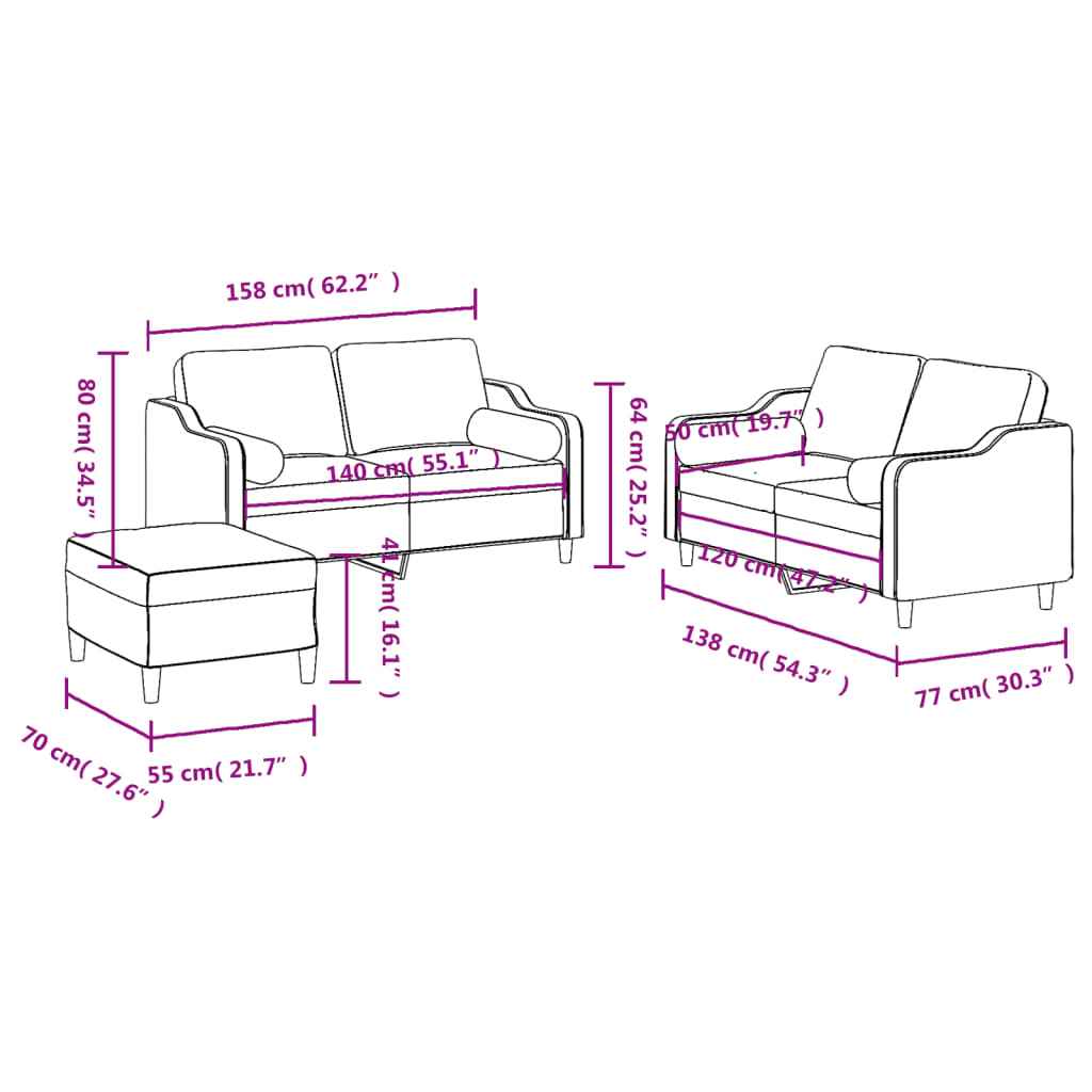 Set de canapele cu perne, 3 piese, maro, textil